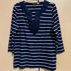 Lauren Ralph Lauren‎ Top Women's 3/4 Sleeve Blouse Cotton Stripe Navy White XL